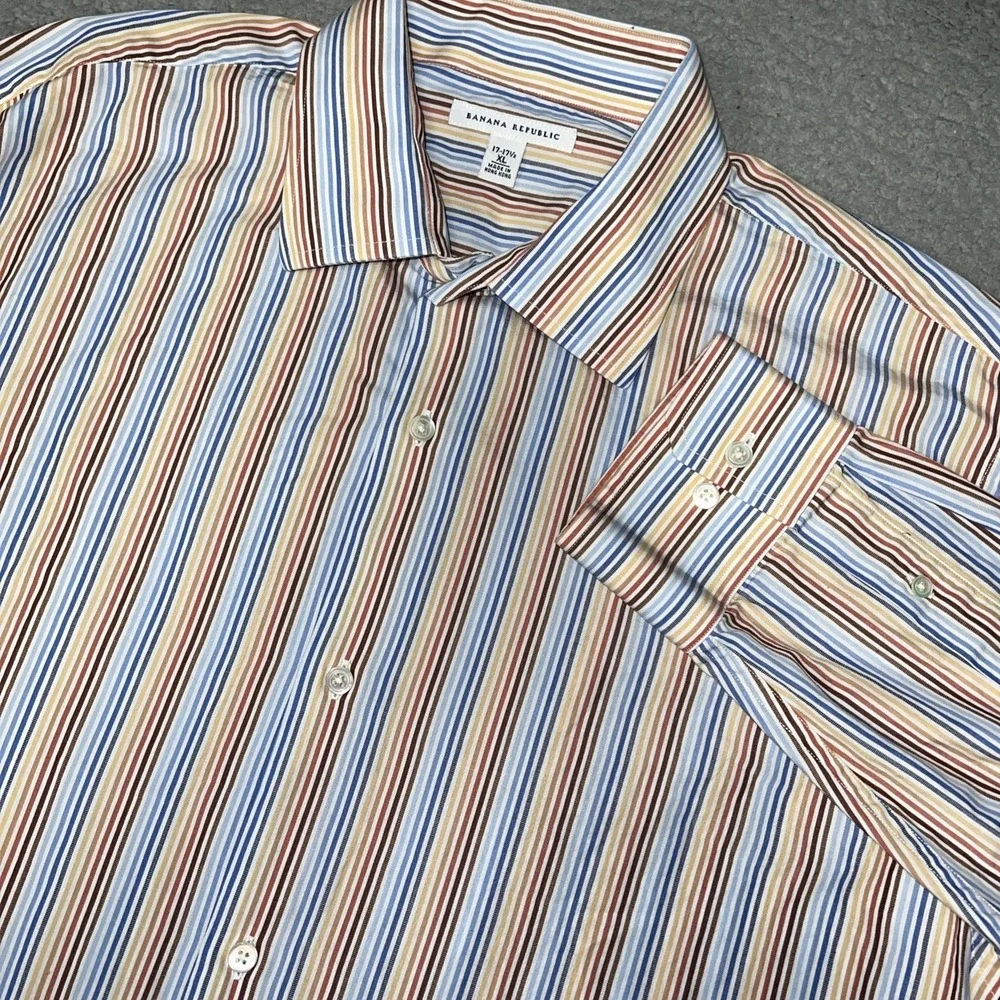 VTG Banana Republic Dress Shirt Men's XL 17-17½ Striped Hong Kong Made Button Up